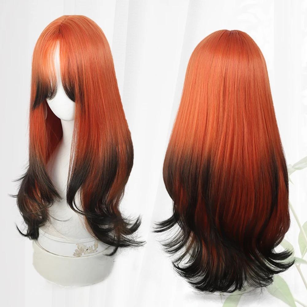 Harajuku Orange Gradient Black Wavy Wig Synthetic Women Layered Hairpiece  Role-playing