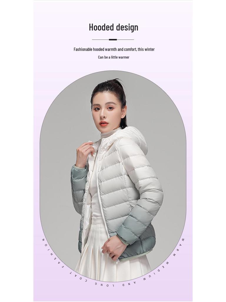 Youjia Women's Gradient Lightweight Down Jacket - 90% White Duck Down, Short Style, Hooded, Autumn/Winter Fashion.