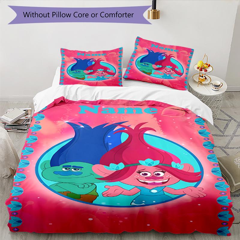 3pcs Custom Name Trolls Bedding Set Duvet Cover Closure Includes 1 Duvet Cover & 2 Pillowcases, Soft and Comfortable for All Seasons.
