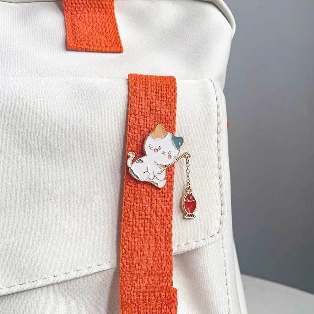 Metal Design Cat Fishing Brooch Cartoon Design Enamel Finish Cartoon Cat Pin Cute Animal Chain Pendant Creativity Brooch