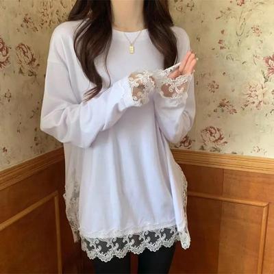 Damski Wiosenno-Jesienny T-shirt z Długim Rękawem w Jednolitym Kolorze High Street Casual Koronkowe Wstawki Swetry Top