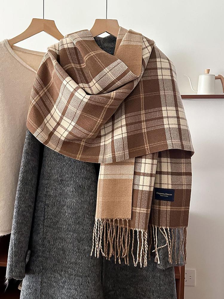 Damen Preppy Stil Klassischer Karierter Gestrickter Schal Kopftuch Dame Lässig Quasten Schal Mujer Foulard Wickeltuch Schal Winter Neu Koreanisch