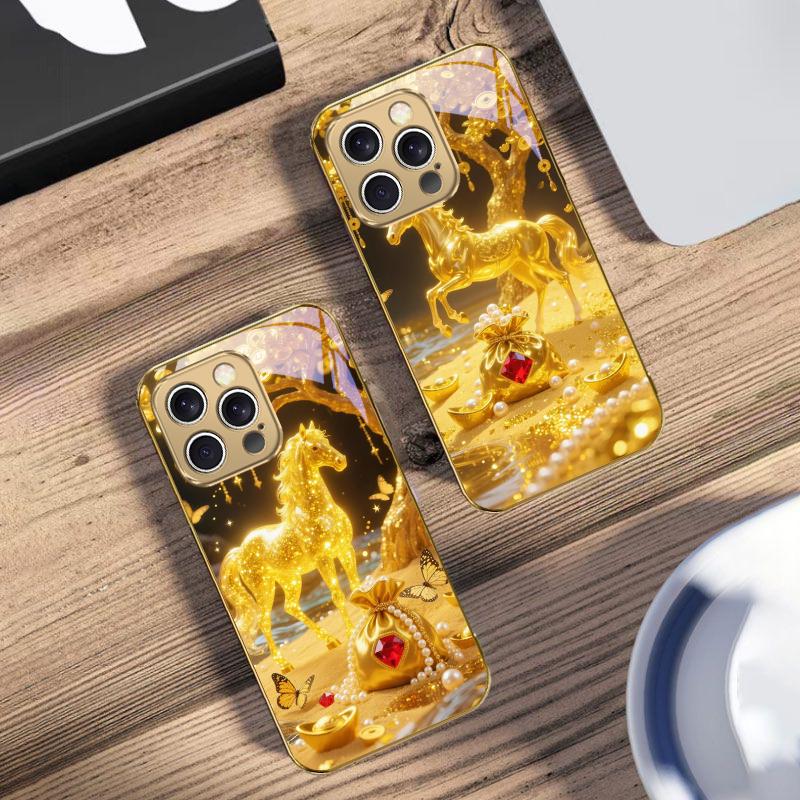 The Golden Fighting Horse For IPhone 16 17Pro Max 15 P ro 14 13 Plus 12 Mini 11Pro Max XR 16E 17 Air Golden glass phone case