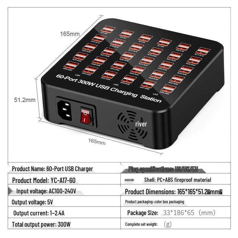 Multi-Port USB Charger: 30/40/50/60-Port Mobile Phone Desktop Charging Station