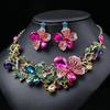 3pcs Classical and Elegant Colored Flower Necklaces and Earrings Set with Zircon Inlay For Dinner Red Carpet Accessories