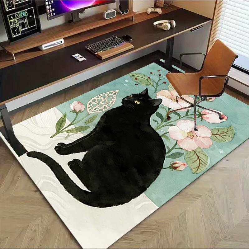 Black Cat Flowers Pattern Area Rug, Office Carpet Indoor Outdoor Entrance Doormat, Non-Slip Soft And Comfortable, Living Room, C122040