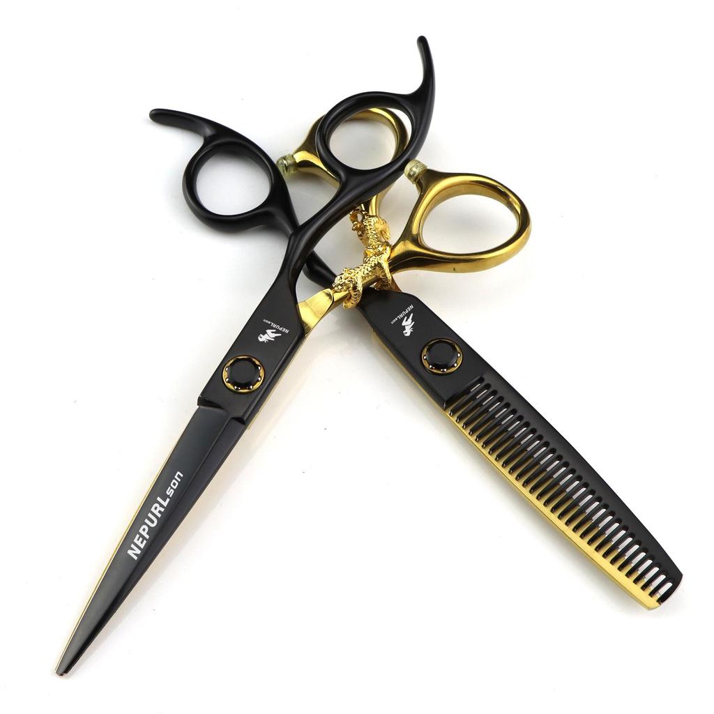 6.0" Napsen Black & Gold Hairdressing Scissors - Straight & Thinning Shears (Little Gold Tiger Design)