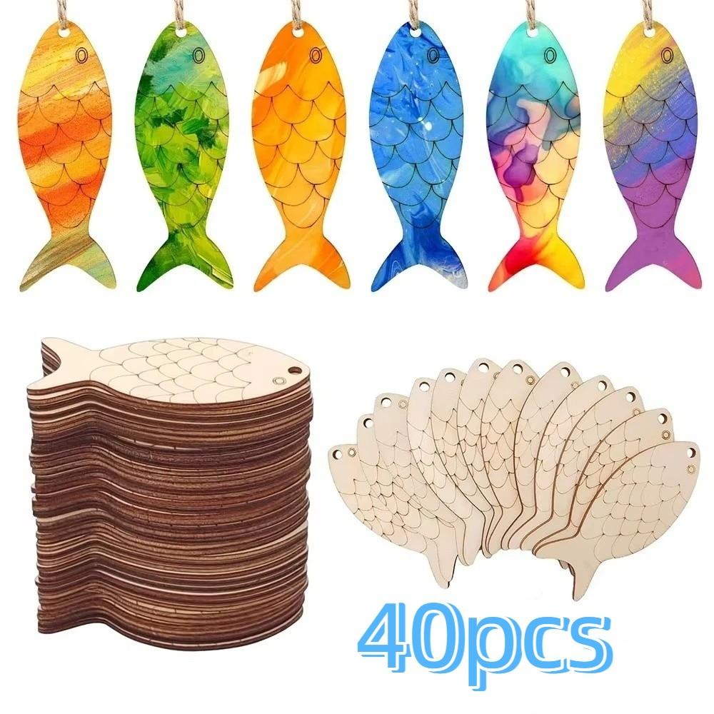 40PCS Unfinished Wooden Fish Cutouts Blank Fish Shape Wood Slice Fish Hanging Ornament  Kids Crafts