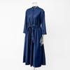 Seven-Sleeve Stretch Denim Maxi Dress with Stand-Up Collar and Hidden Buttons - Autumn 2025 Women's Wear