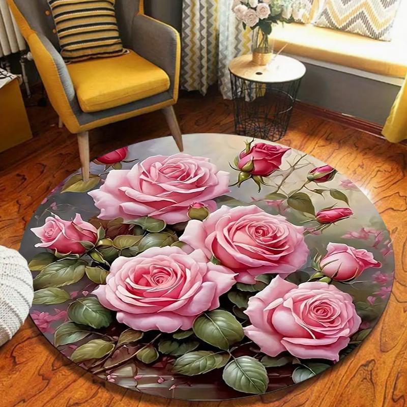 Romantic Rose Pattern Round Carpet Retro Elegance Holiday Home Decor Area Rug Soft Non-slip Floor Decor Mat for Living Room
