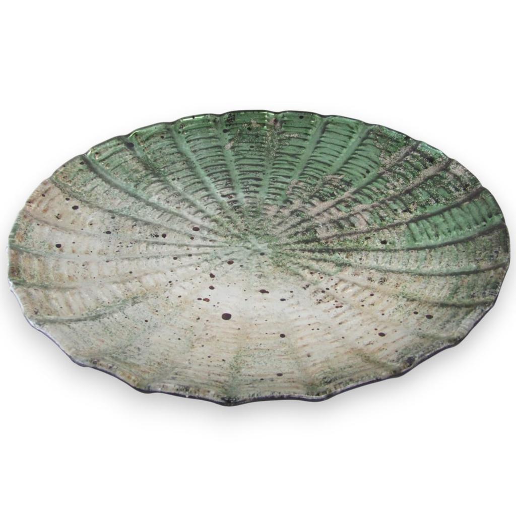 Large Round Glass Green and Sairan J-kitchens Plate, Gold, 25cm,
