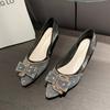 Fashion Spring New Coarse Heel Shoes Women Fashion Pointy Shallow Mouth Butterfly Knot Sequin Slip-on Wear-resistant Heel Shoes