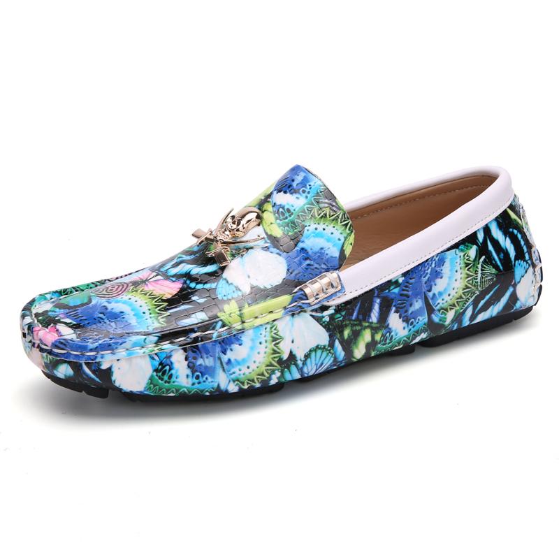 British Style Fashion Butterfly Printed Leather Loafers Men Breathable Skull Casual Shoes Men Flats Slip-on Driving Shoes Men