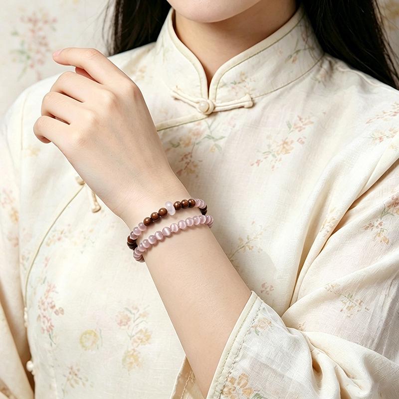 Golden Sandalwood Double Layer Cat's Eye Bracelet - Light Luxury Chinese Style Women's Jewelry