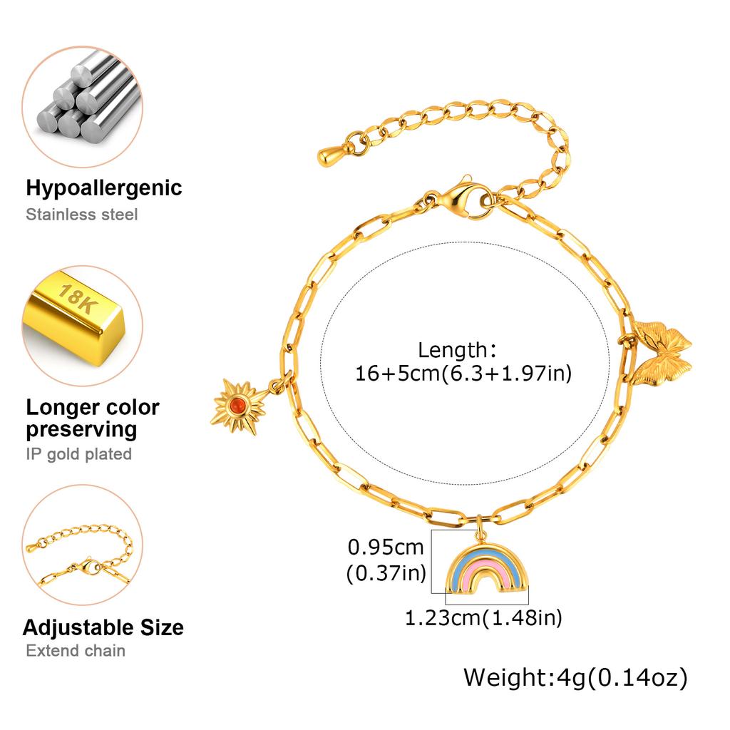 Dainty Sun Rainbow Butterfly Charm Bracelets for Women, 18K Gold Plated Stainless Steel Adjustable Bracelet, Trendy Jewelry