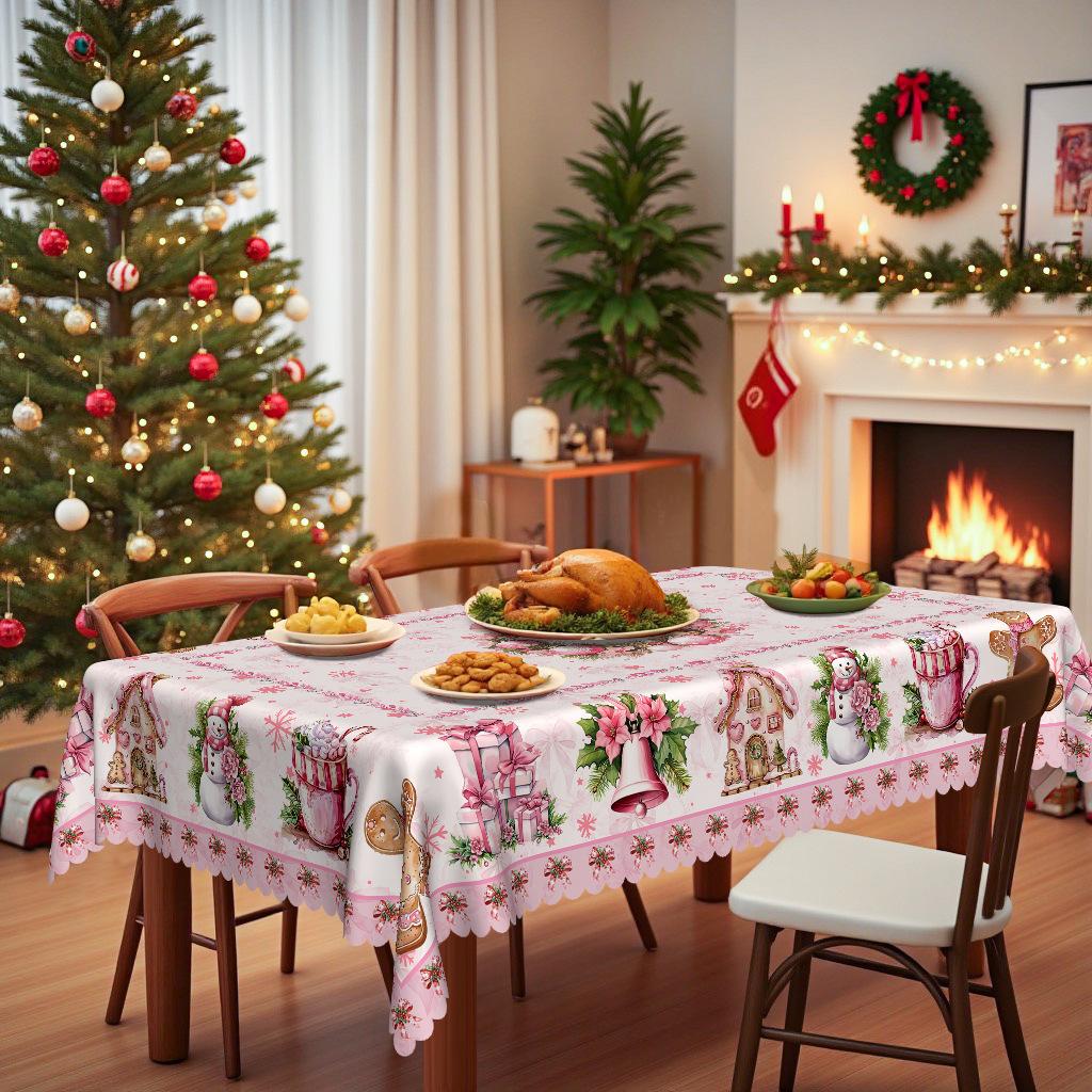 Warm Pink Christmas Tablecloth, Snowman Gingerbread House Floral Bell Elements, Family Party Holiday Arrangement Round tablecloth-152x152cm
