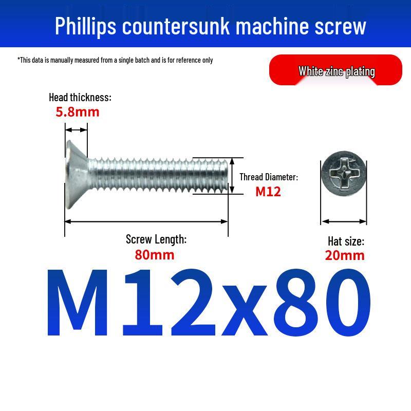 White Zinc Plated Cross Recessed Countersunk Head Screws & Bolts, Machine Thread, M3-M12