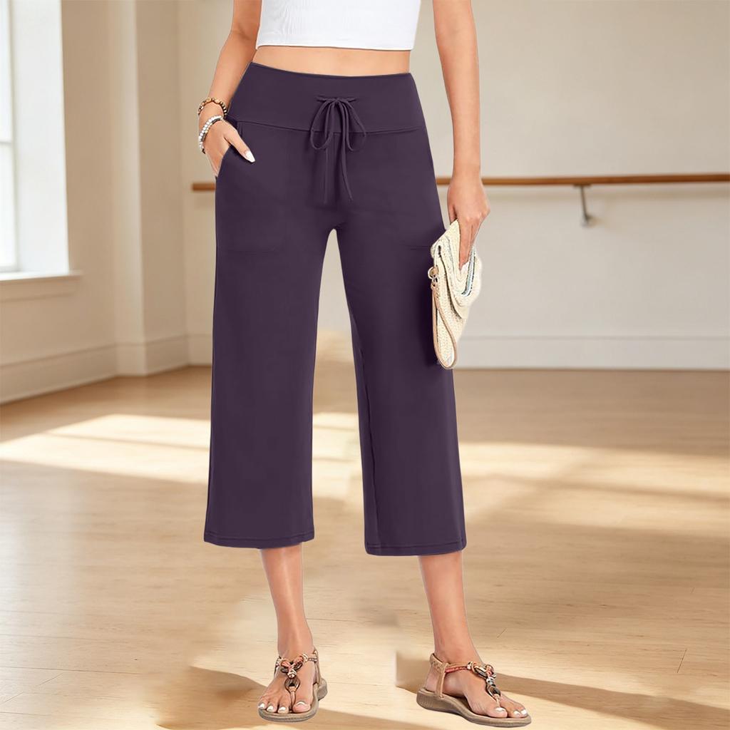 Women's Summer Casual Drawstring Waist Loose Fit Pocketed Capri Pants Lightweight Breathable Fabric Comfortable Fit