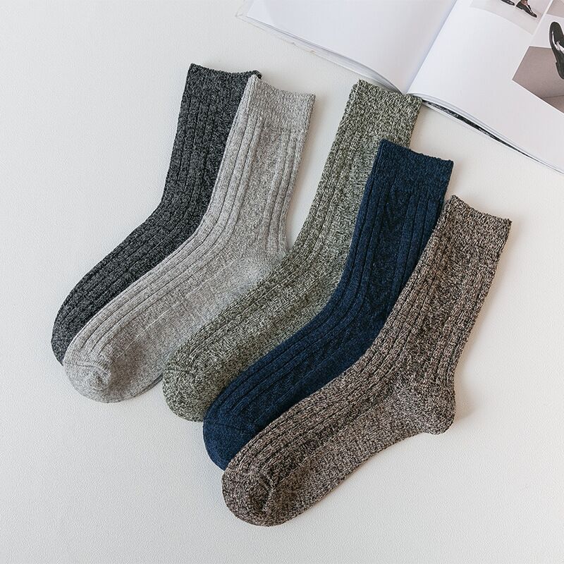 5 Pairs of Men's Solid Color Double-needle Rabbit Wool Socks for Autumn and Winter, Thick Needle Mid-calf Socks