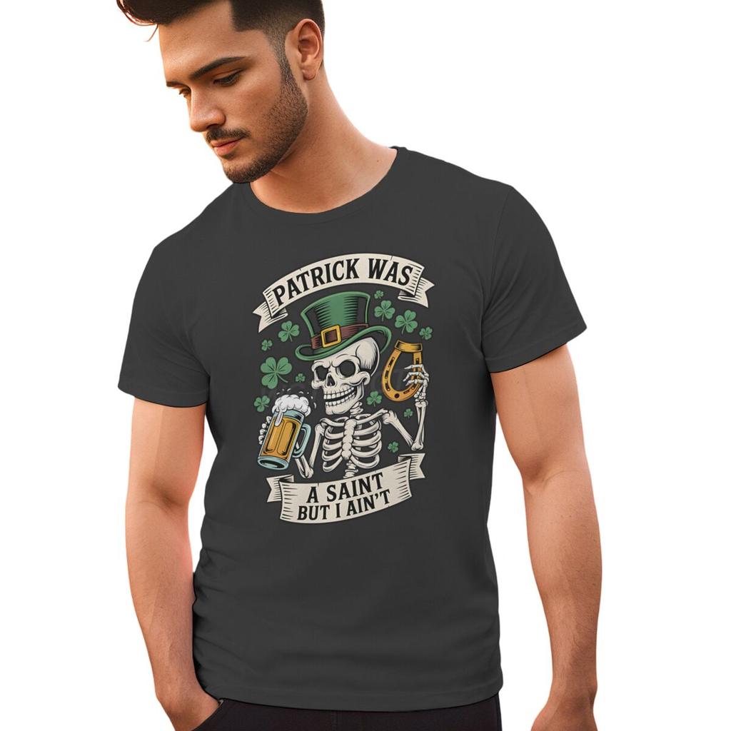 Unisexs St Patricks Day Shirt Patrick Was A Saint I Aint Print TShirt Irish Day Shirt Funny Skeleton Shamrock Leaves Graphic Tee
