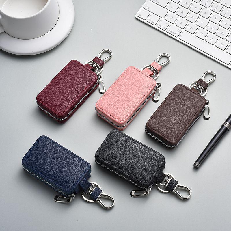 Lightweight Lychee Pattern Leather Car Key Case with Zipper and Waist Clip