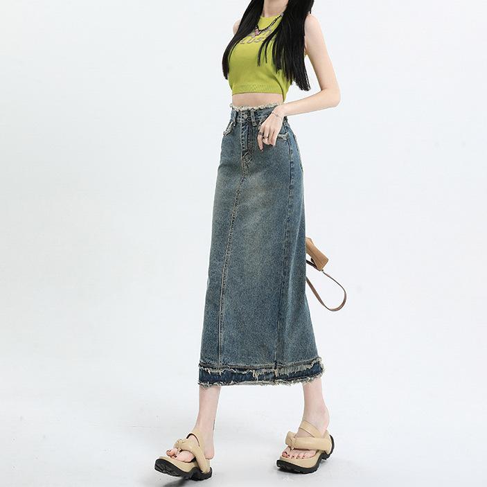 Mid-length Fur-edged Denim Skirt for Women New High-waisted Drooping Versatile A-line Denim Skirt