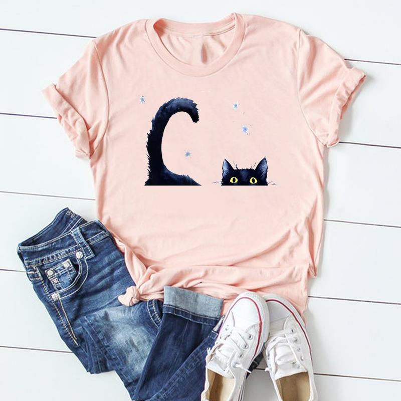 (Asian Size) Tshirt Lady Cartoon T Tee Top Women Print Fashion Clothes Female Clothing Short Sleeve Cat Animal Pet Graphic T-shirt