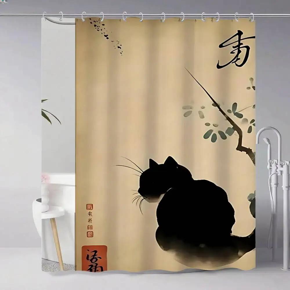 Japanese Cat Classic Vintage 1pc Pattern Shower Curtain Plus Hooks Waterproof Machine Washable Polyester Fabric Abstract