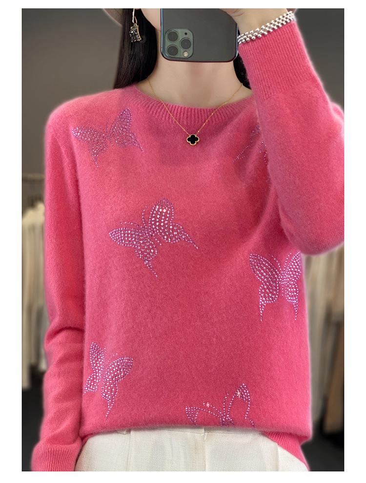 Butterfly Rhinestone Crew Neck Casual Spring Sweater for Women