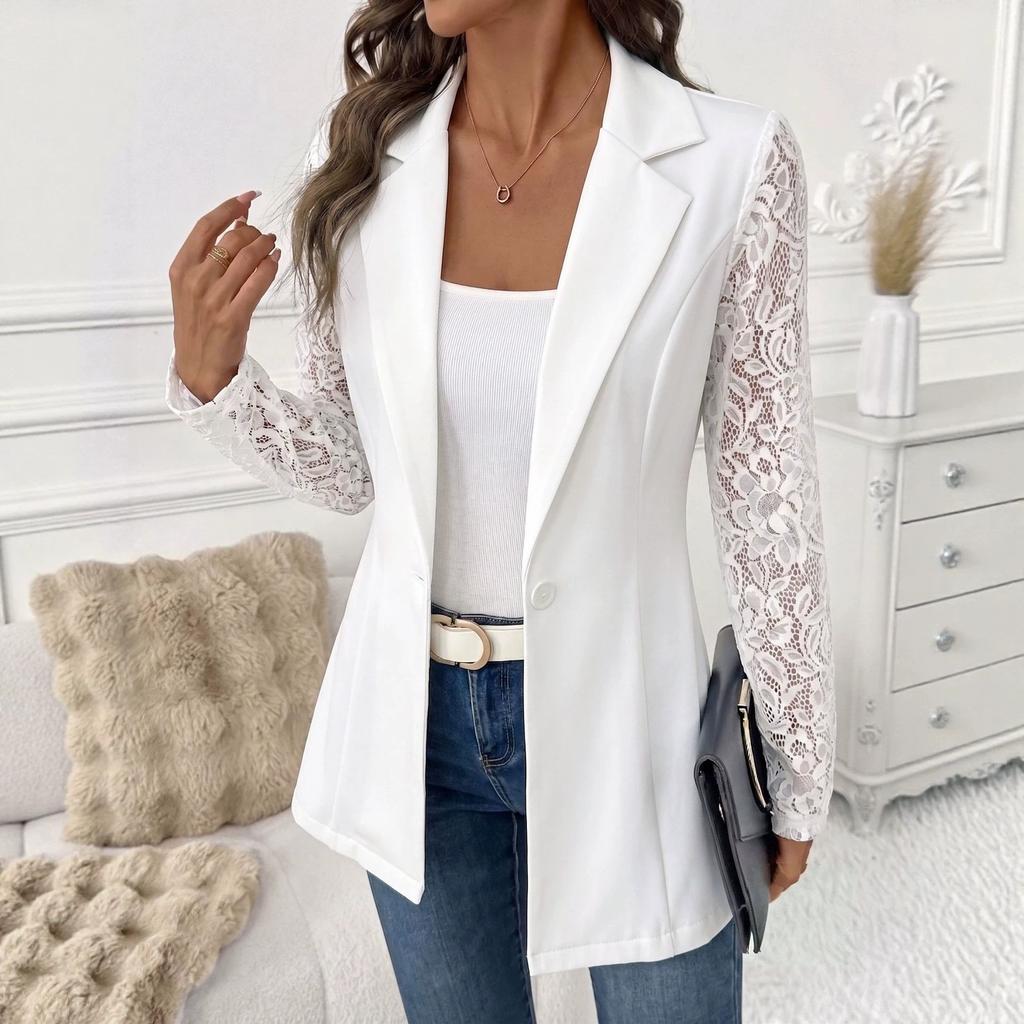 Women Fashion Solid Lace Long Sleeve One Button Lapel Slim Blazer Coat