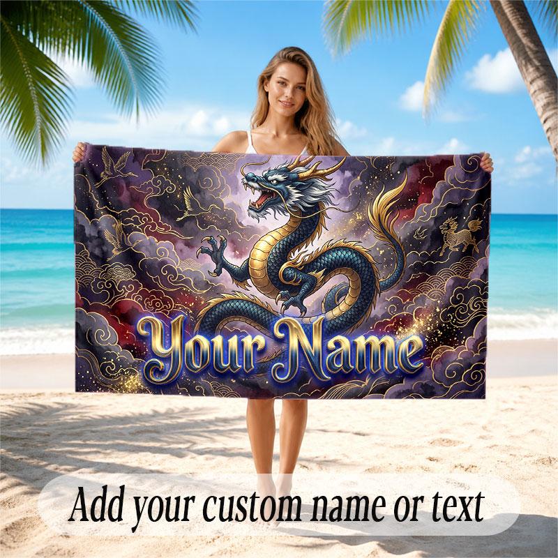 Dragon Theme Soft Beach Towel Personalized Custom Name Text Towel Portable for Beach Pool Travel
