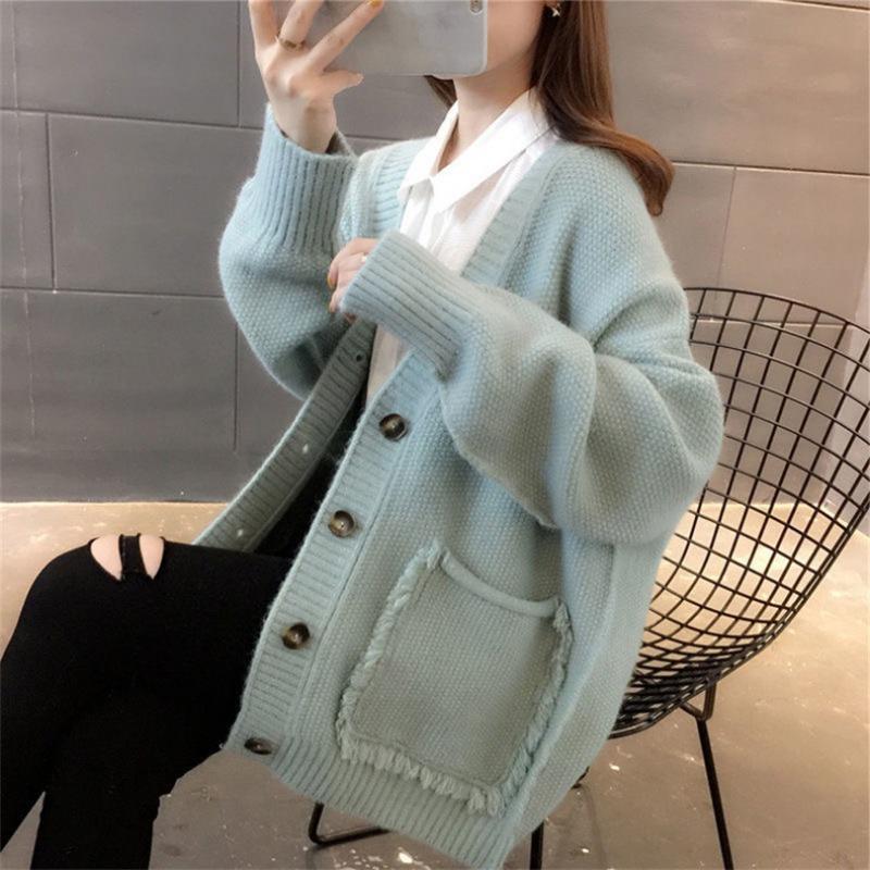 Lazy Wind Solid Color Fringe Sweater Jacket Women's Autumn Loose Single-breasted Knitted Cardigan