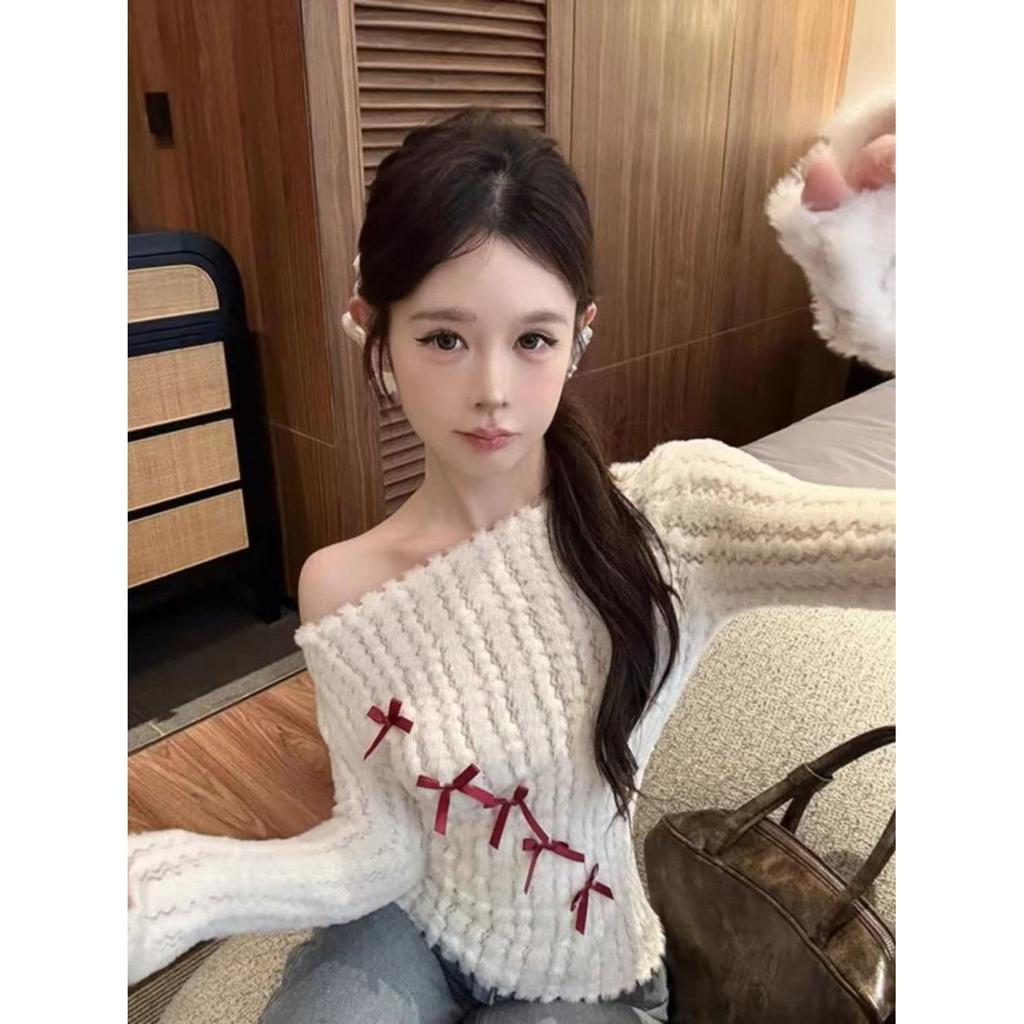Women's Off-Shoulder White Slim-Fit Pullover Sweater with Bow Detail