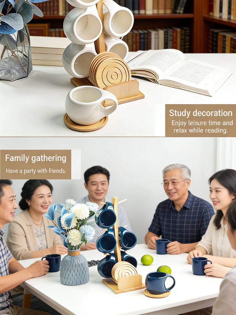 Nordic Style Ceramic Coffee Mug Set with Natural Bamboo Tree Cup Holder and Non-slip Coasters Stylish Kitchen Organizer for Tea and Coffee Home Decor