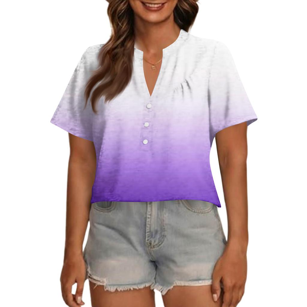 Women's Fashionable Casual V Neck Button Up Oversized Short Sleeve Printed Top