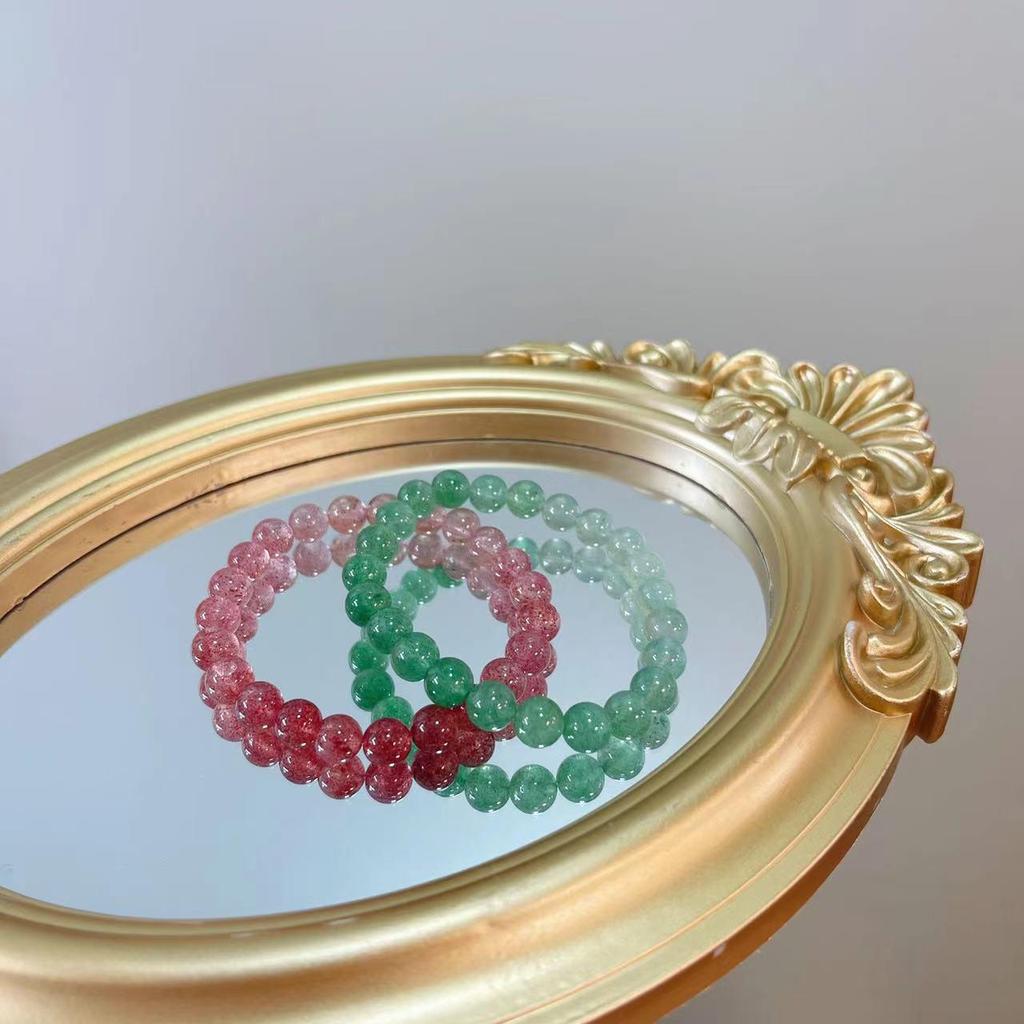 Qiaoen Women's Sweet Natural Strawberry Quartz & Green Crystal Beaded Bracelet - Simple Gradient Design Jewelry