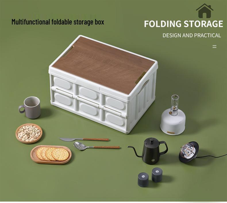 Multi-Functional Folding Camping Box with Wooden Lid: Portable Car & Outdoor Food Storage Suitcase