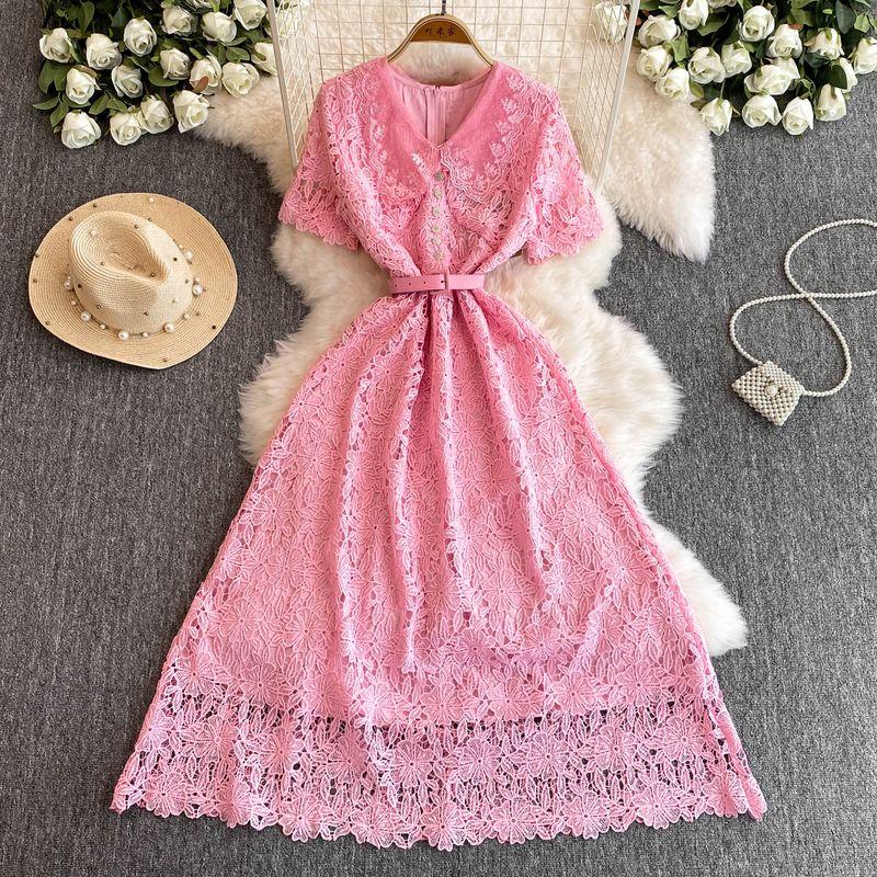 

Fancy Accessible Luxury Ladies Elegant Short Sleeve V-neck Waist-Controlled Slimming A- line Cut Out Lace Dress Elegance Long Skirt Pink 2XL