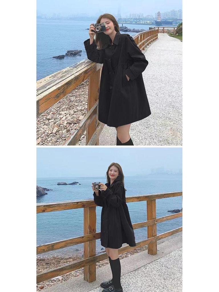 Khaki Petite Double-Breasted Trench Coat for Women - 2025 Autumn Korean Style, Loose Fit