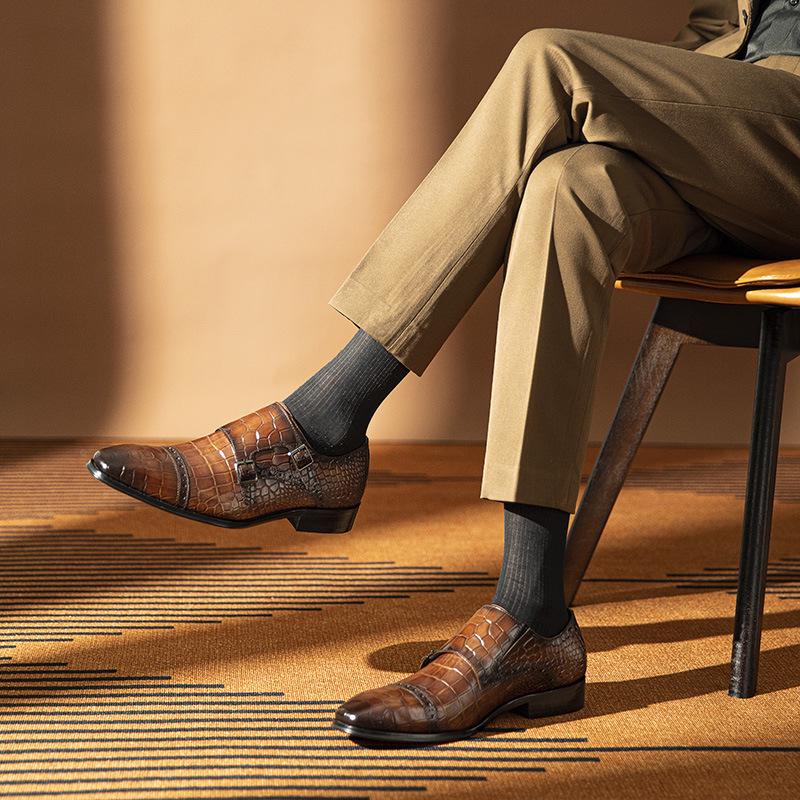 Men's Genuine Leather Slip-On Monk Shoes - Square Toe Business Casual