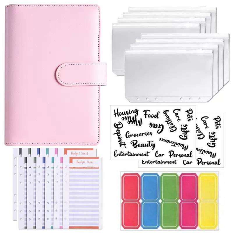 A6 PU Leather Six-Ring Loose-Leaf Binder with Zipper Pockets and Planner