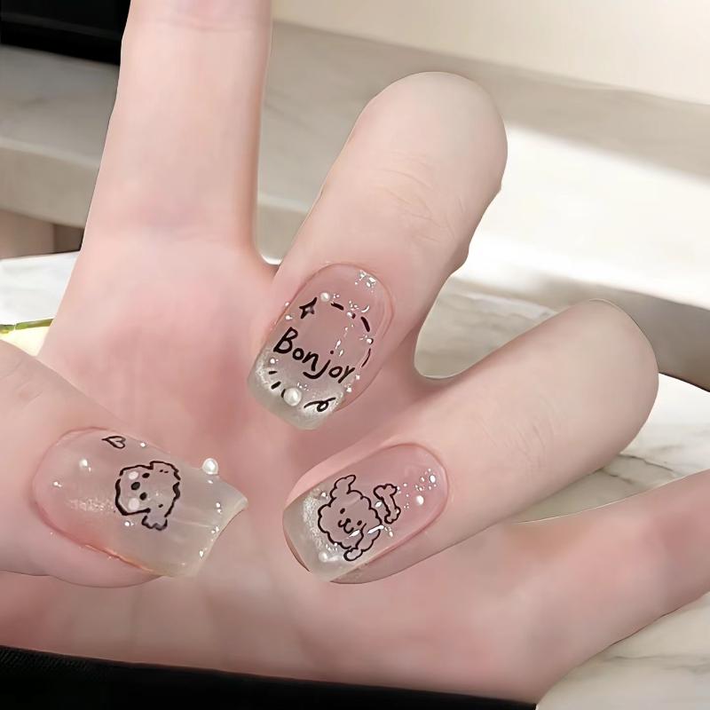 Cute Puppy and Cat Eye Short Press-On Nails – Handmade and Popular Among Students