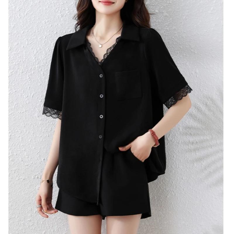 Women s Black Lace Trim Short Sleeve Shirt Loose Fit Lapel Blouse L