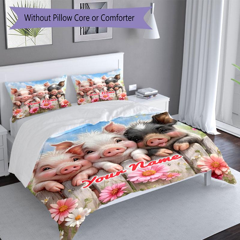 3PC Custom Name Piggy Friends Garden Bedding Set Printed Bedding Set Duvet Cover Closure Includes 1 Duvet Cover & 2 Pillowcases for All Seasons Bedroo