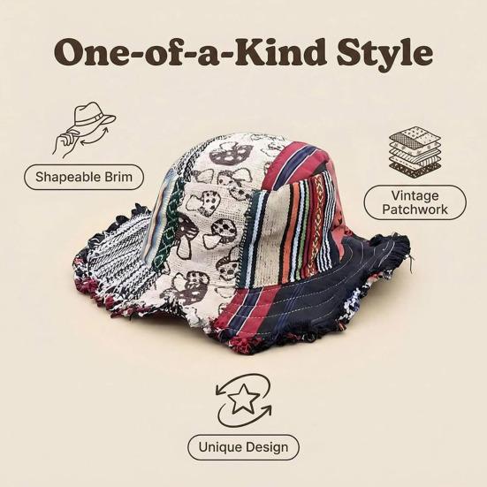 Cappello a Secchiello Cappello a Secchiello Patchwork Sfilacciato con Bordo Metallico Modellabile Design Patchwork Cappello Protezione Solare Copricapo da Esterno