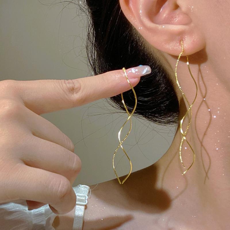 Módní náušnice s dlouhým střapcem v barvě zlaté linie pro ženy, jednoduché kovové vlnové náušnice, geometrické náušnice, estetický zirkon
