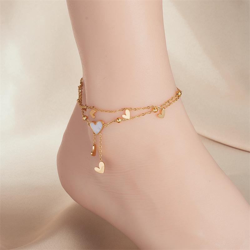 ZAKOL Stainless Steel Heart Love Anklets For Women Girl Fashion Double Layer Chains Ankle Accessories Zircon Gift