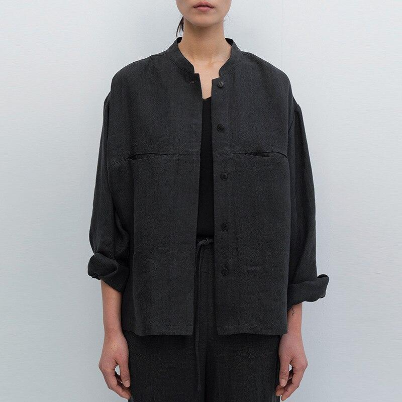 Johnature Japonské lněné dámské košile Jarní volné Jednobarevné Jednoduché Single Breasted All Match Women Tops