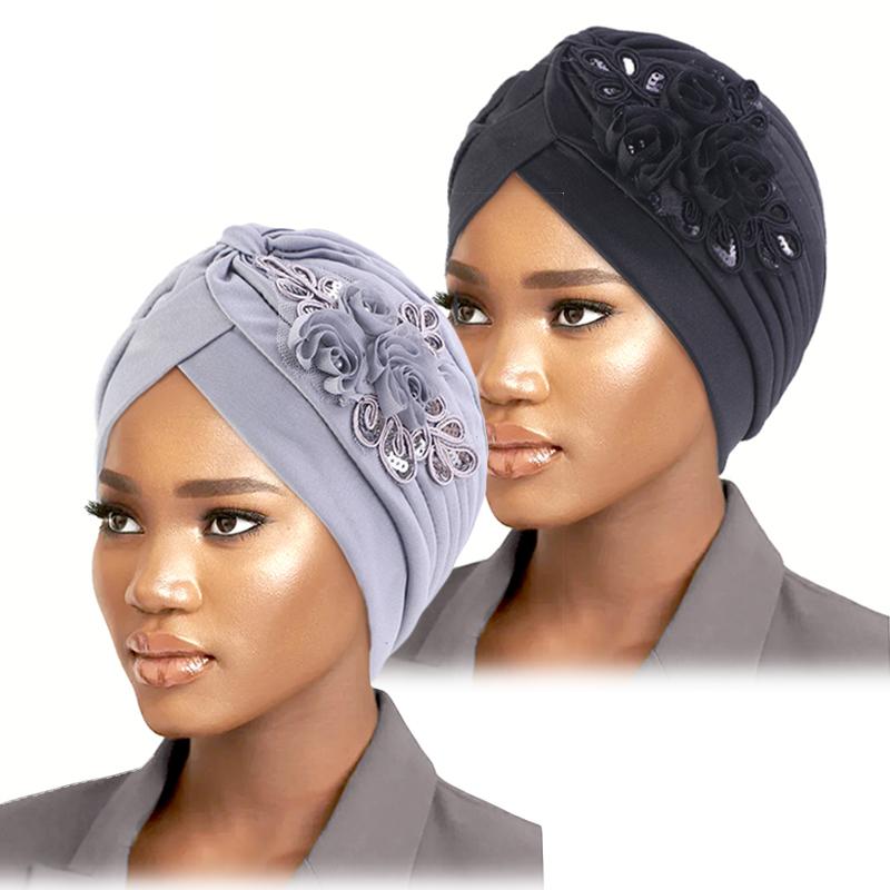 New Flower Decoration Turban Solid Color For Women Fashion Hair Wear Head Wrap Ladies Headwear Cancer Hats India Cap Bandana