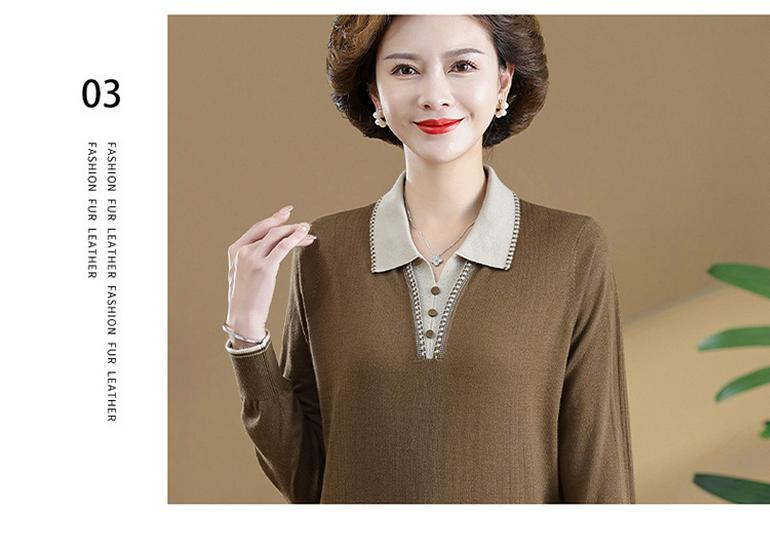 Autumn Long-Sleeve Knit Top for Middle-Aged Women, Lapel Shirt for 50s-60s, Base Layer Tee